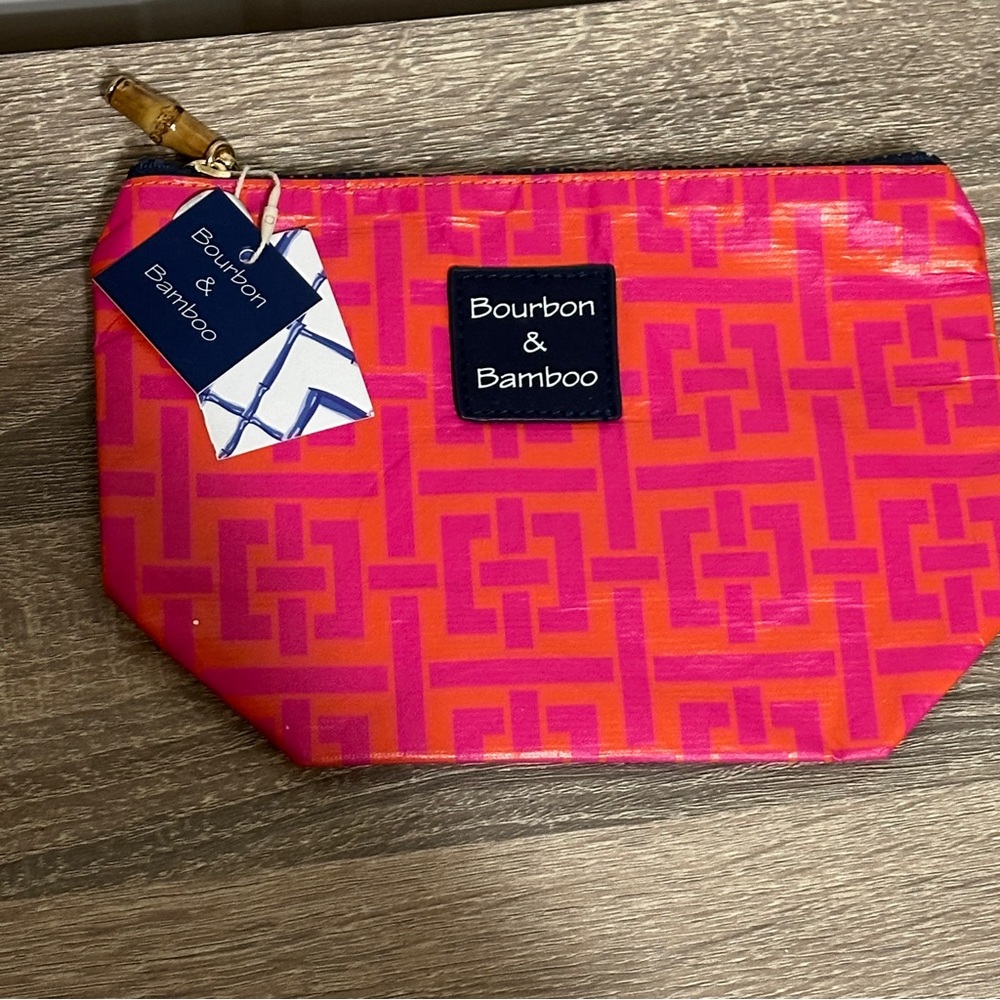 New Bourbon & Bamboo Ditty‎ Bag Pink Orange Top Zip 8" x 6" x 2" Cosmetic Makeup